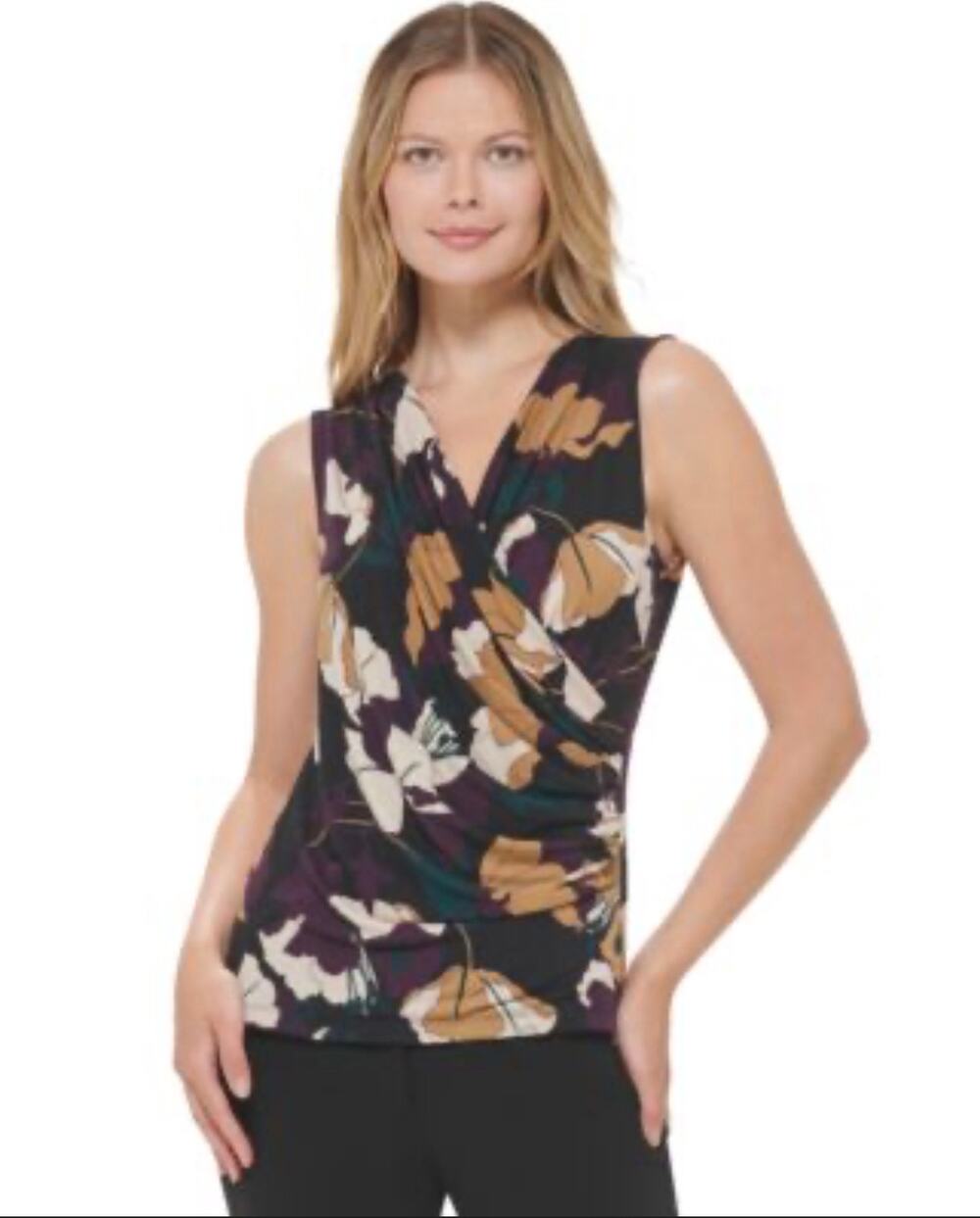 Calvin Klein Floral V-Neck Ruched Surplice Sleeveless Top Black Blouse Medium